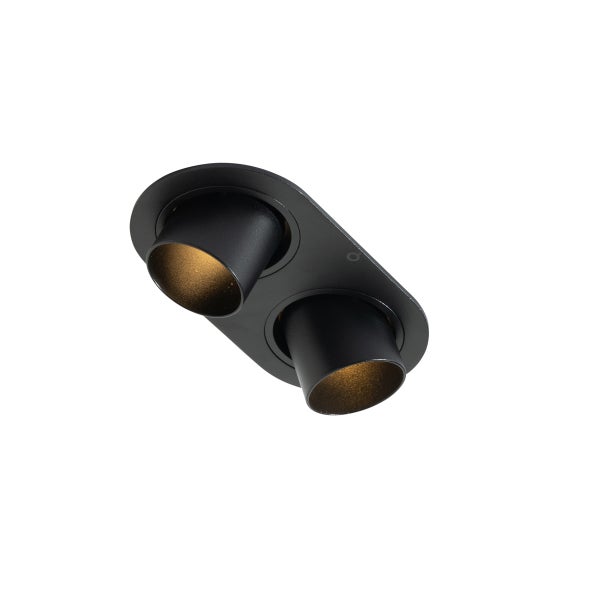 Schwarzer zweiflammiger Deckenstrahler mit verstellbaren zylindrischen Spotköpfen und goldfarbener Innenseite