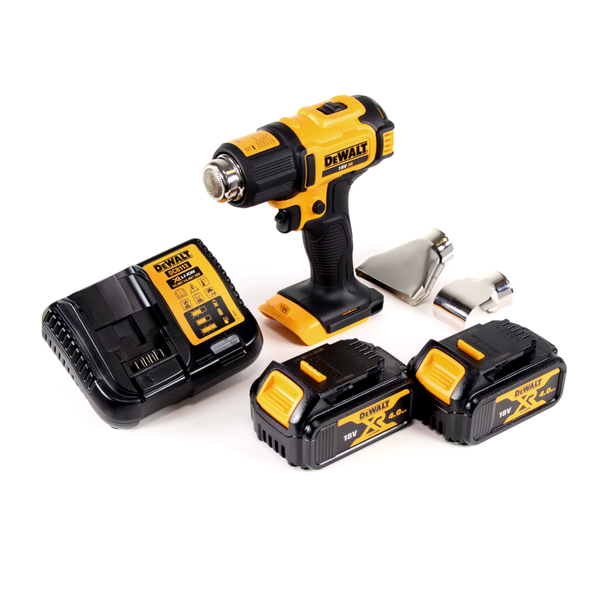 DeWALT Akku-Heißluftgebläse 18 Volt XR Set inklusive zwei 4,0 Amperestunden Akkus, Ladegerät und zwei verschiedenen Aufsatzdüsen.