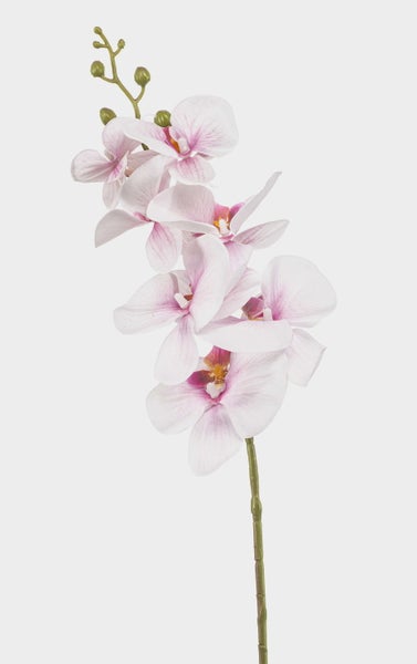 Nahaufnahme einer künstlichen Orchidee aus Textil in Weiß und Rosa.