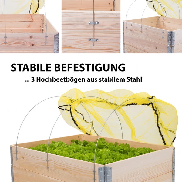 Hochbeet aus Holz mit drei Stahlbögen und gelbem Netz