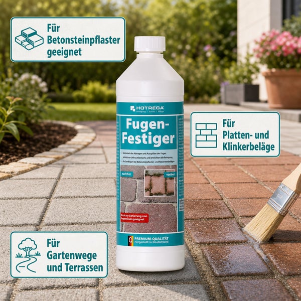 Hotrega Fugen Festiger zur Fugenverfestigung für Betonsteinpflaster, Platten- und Klinkerbeläge auf Gartenwegen und Terrassen in Flasche mit Pinsel.