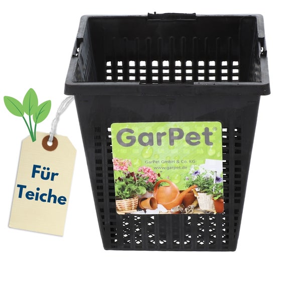 Schwarzer Teichpflanzkorb mit Etikett für Teiche