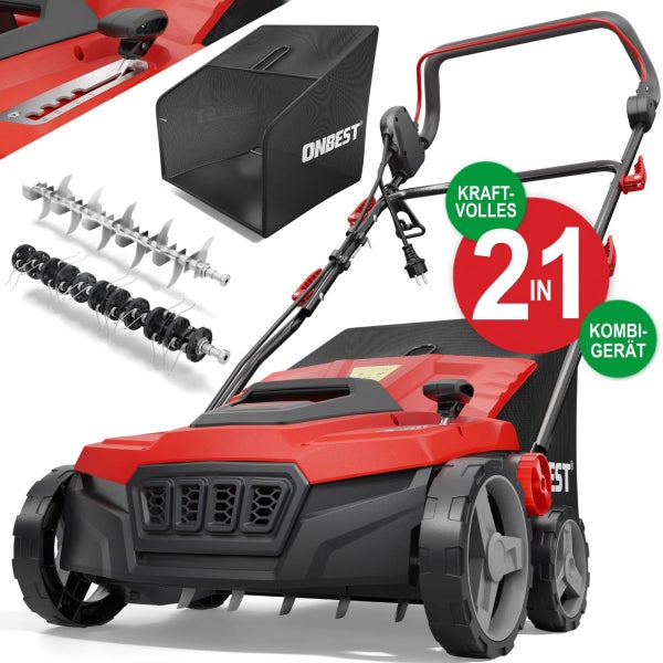 Onbest Elektro-Vertikutierer und Rasenlüfter 2-in-1 Kombigerät mit Fangkorb und zwei auswechselbaren Walzen.