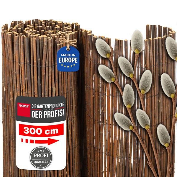 Weidenmatte als Sichtschutz für den Garten, 300 cm lang, aus Naturmaterial, mit Noor Logo und Herkunftsnachweis Made in Europe.