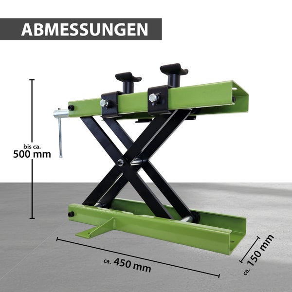 Abmessungen eines Motorradhebers mit einer Höhe von circa 500 mm, einer Länge von circa 450 mm und einer Breite von circa 150 mm.
