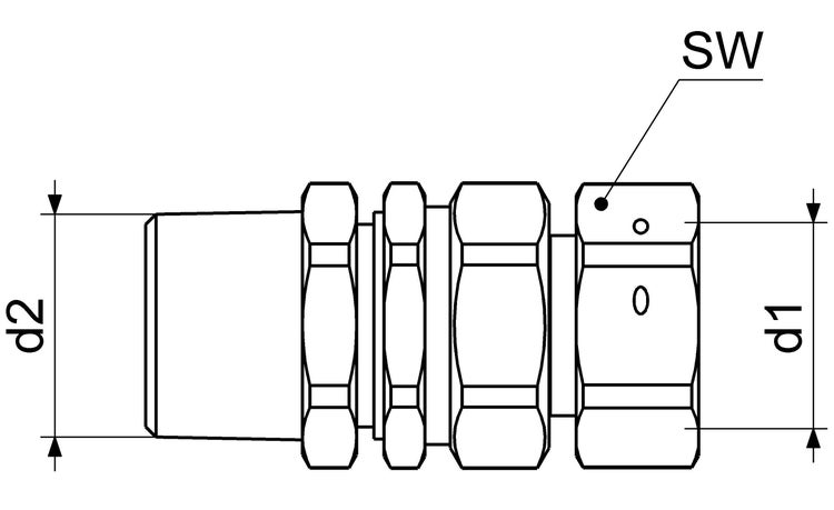 Technische Zeichnung einer Rohrverschraubung mit Maßangaben für Durchmesser d1, Durchmesser d2 und die Schlüsselweite SW.