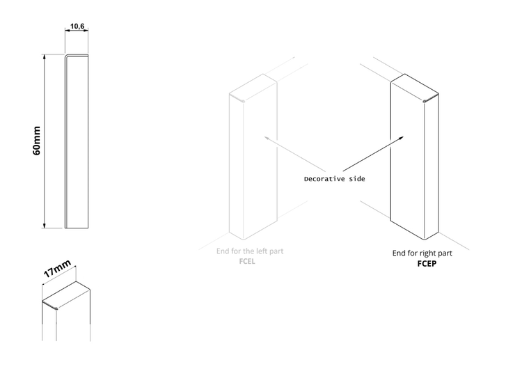 Technische Zeichnung eines 60 Millimeter langen Profils mit einer Dicke von 10,6 Millimetern und einer Breite von 17 Millimetern