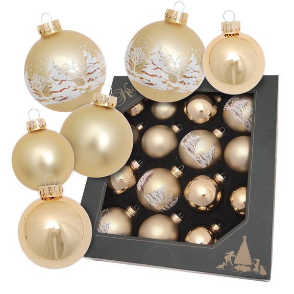 Set mit goldenen Weihnachtskugeln aus Glas, einige mit Winterlandschaftsmotiv