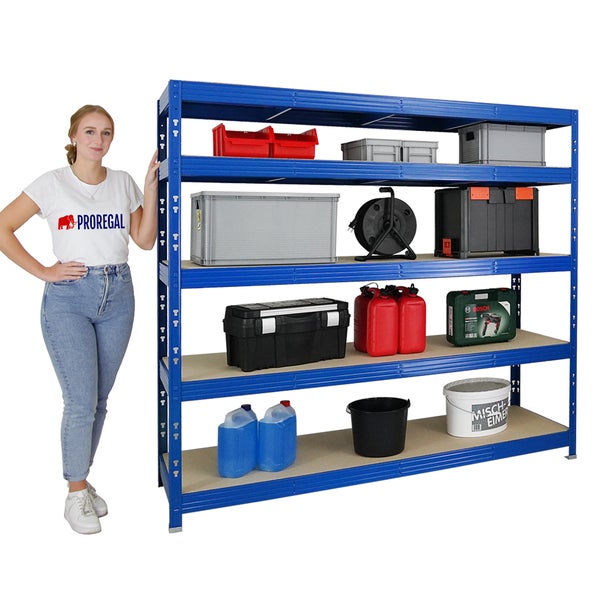 PROREGAL Profi Schwerlastregal Rhino HxBxT 180 x 200 x 60 cm 5 Spanplatten-Ebenen 8mm Fachlast 500 kg Blau