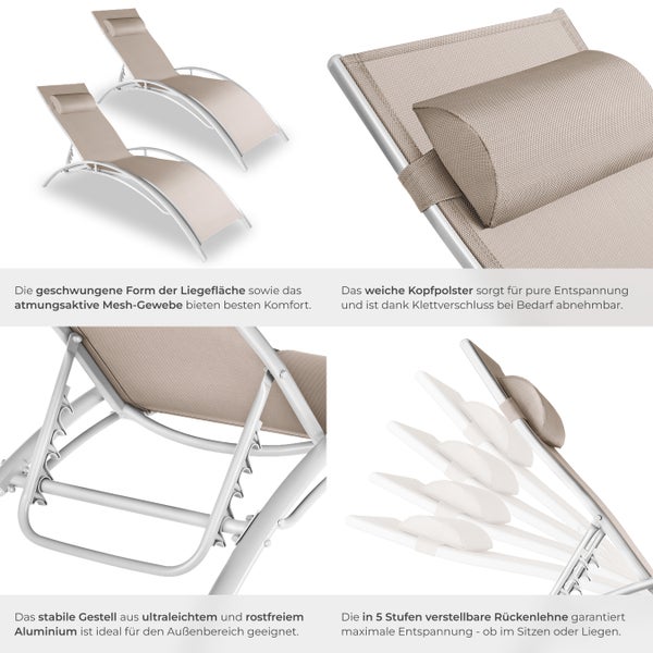 2er Set Gartenliege tectake Alina 180 x 59 x 50 cm Textilene-Gewebe beige