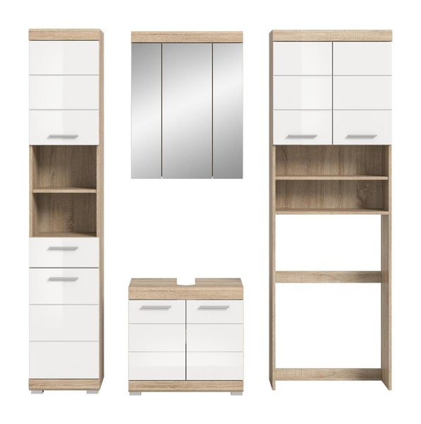 Vierteiliges Badezimmermöbel-Set in Eiche-Optik und Weiß mit Hochschrank, Spiegelschrank, Waschbeckenunterschrank und Waschmaschinenüberbau.