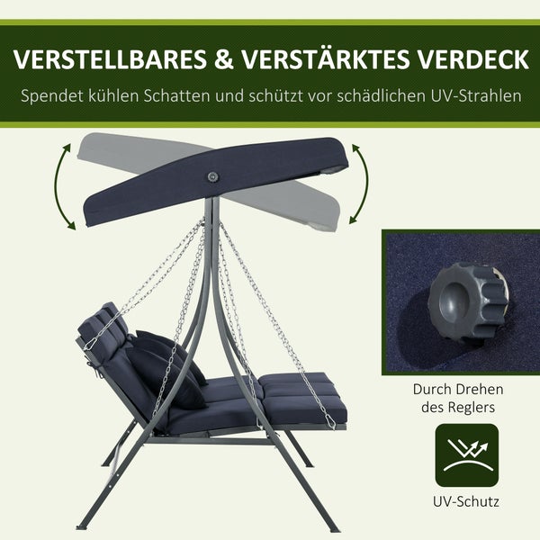 Outsunny Hollywoodschaukel 3-Sitzer, Schaukelbank mit Verstellbarem Sonnendach, Gartenschaukel mit Kissen, bis 270 kg Belastbar, Metall, Texteline, Dunkelblau, 198 x 118 x 168 cm