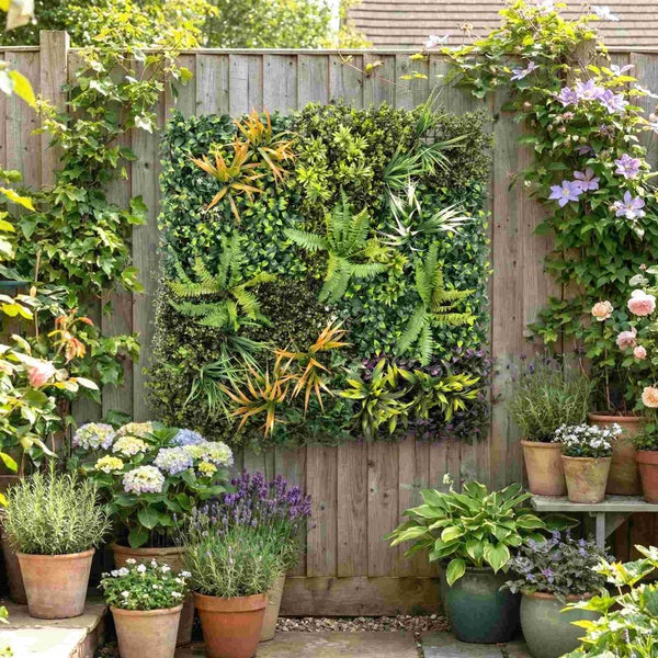 Künstliche Pflanzenwand mit verschiedenen Kunstpflanzen an einem Holzzaun im Garten, umgeben von Topfpflanzen und Kletterpflanzen.