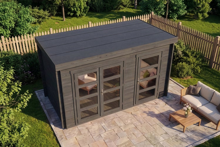 Modernes dunkelgraues Gartenhaus aus Holz mit Flachdach, Glaselementen und Terrasse in einem hellen, organisierten Garten.