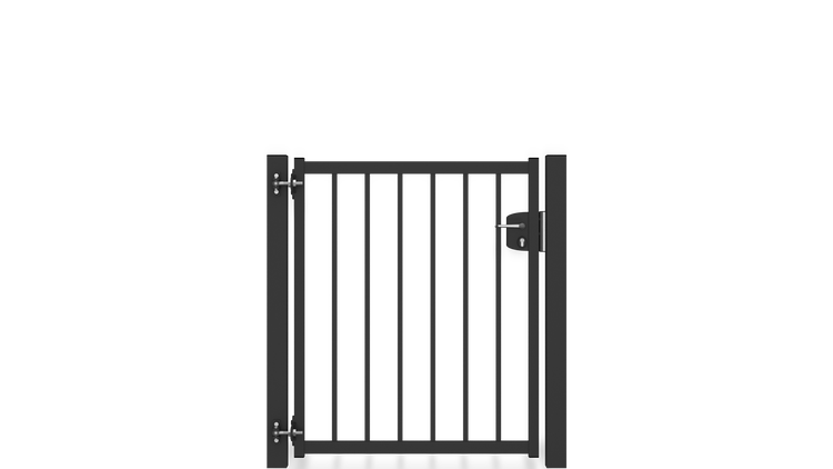 Gartentor ZAUNGURU BASIC-Linie Bremen aus Metall, Höhe: 123cm, Breite: 123cm, 1-flügelig inkl. Pfosten, Schloss und Zubehör, Feuerverzinkt und zusätzlich in RAL 7016 Anthrazitgrau pulverbeschichtet
