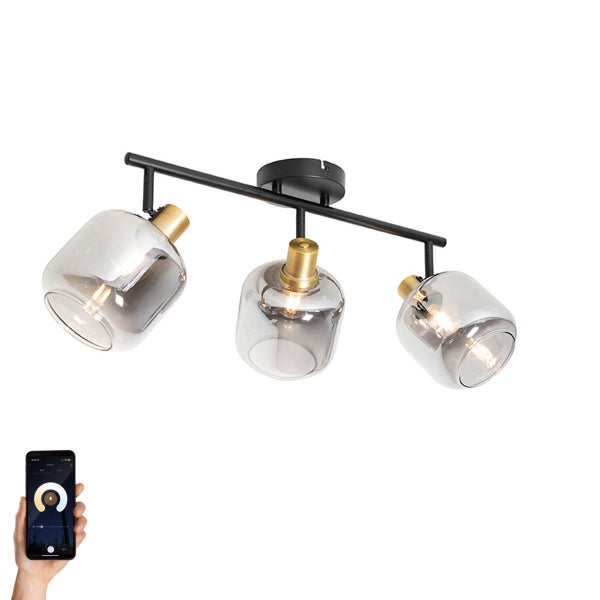 Intelligenter Deckenstrahler schwarz mit Rauchglas länglich inkl. 3 Wifi P45 - Zuzanna