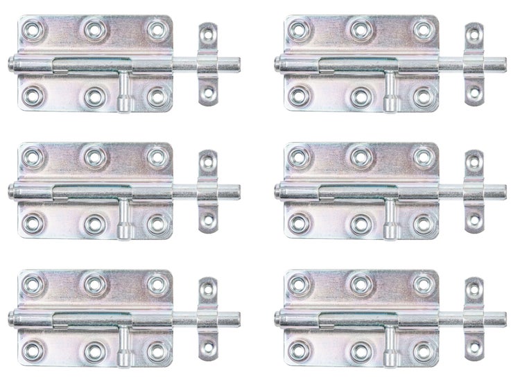Sechs verzinkte Bolzenriegel für Türen und Tore aus Metall.