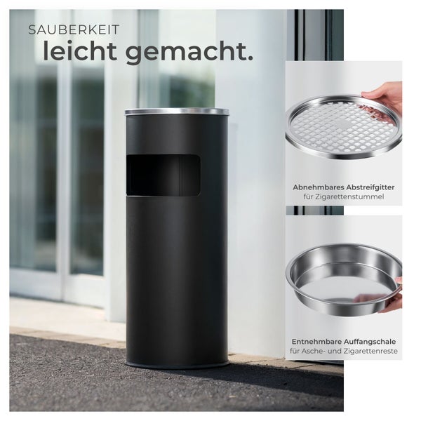 Schwarzer Standascher aus Metall mit Abfallbehälter, abnehmbarem Abstreifgitter und entnehmbarer Auffangschale für Asche.