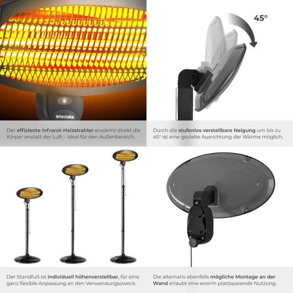 Infrarot Heizstrahler mit einstellbarem Neigungswinkel und höhenverstellbarem Standfuß für den flexiblen Einsatz im Außenbereich.