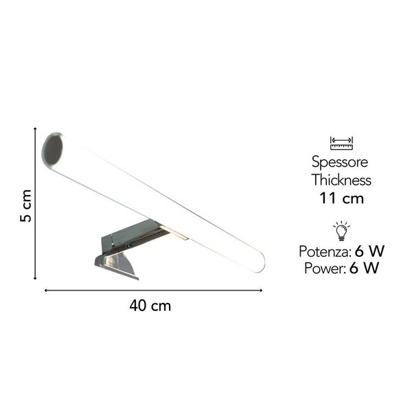 Zylindrische LED-Wandleuchte mit Abmessungen: 40 Zentimeter Länge, 5 Zentimeter Höhe, 11 Zentimeter Ausladung und 6 Watt Leistung.