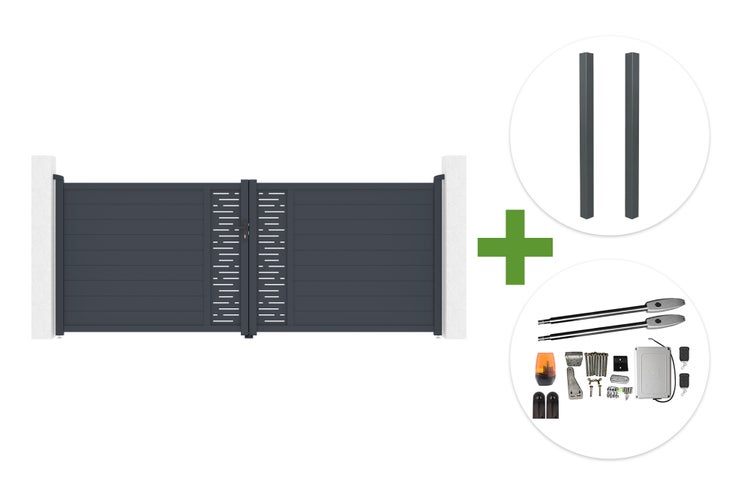 Zweiflügeliges Einfahrtstor-Set mit horizontalen Lamellen, zwei Pfosten und elektrischem Drehtorantrieb inklusive Zubehör.