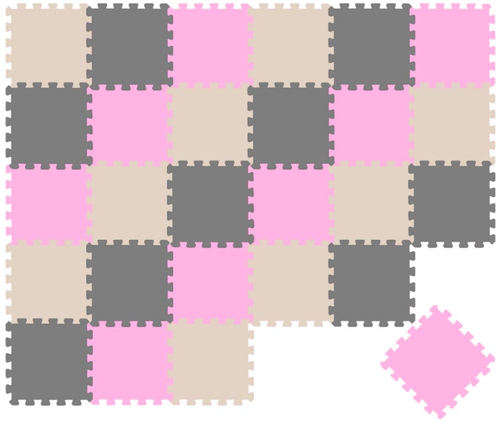 Ineinandergreifende Puzzlematten aus Schaumstoff in Pink, Grau und Beige für das Kinderzimmer.