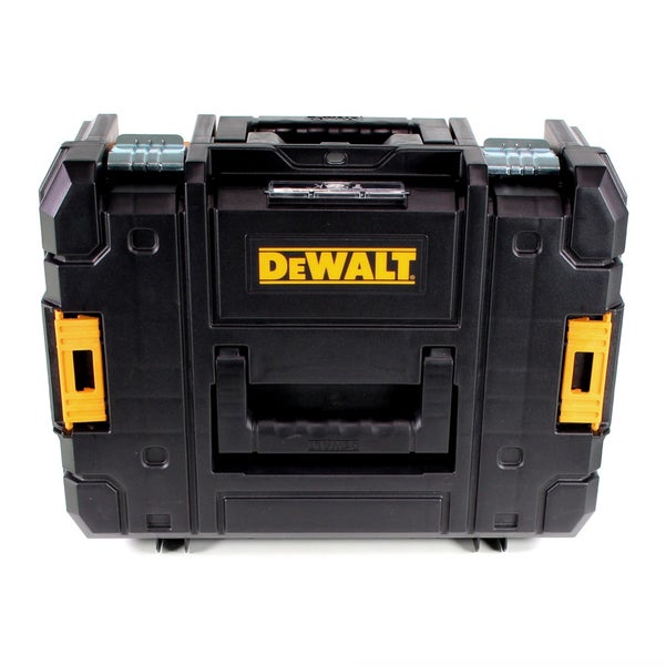 Schwarze DeWALT Werkzeugbox TSTAK aus Kunststoff mit Tragegriff und seitlichen Verschlussklammern.