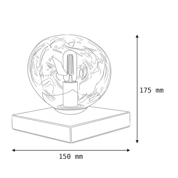 Technische Zeichnung einer Tischleuchte mit Glaskugel und quadratischem Fuß, Breite 150 Millimeter, Höhe 175 Millimeter.