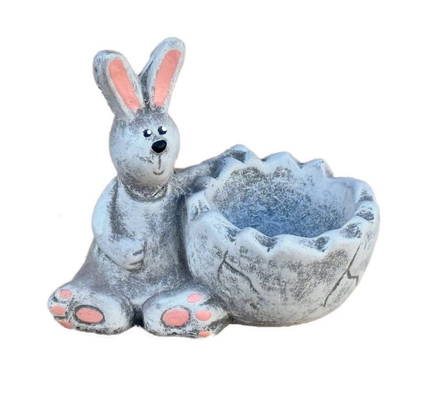Osterhasen Dekofigur mit Eierschale als Pflanzgefäß aus Kunststein für die Frühlingsdekoration