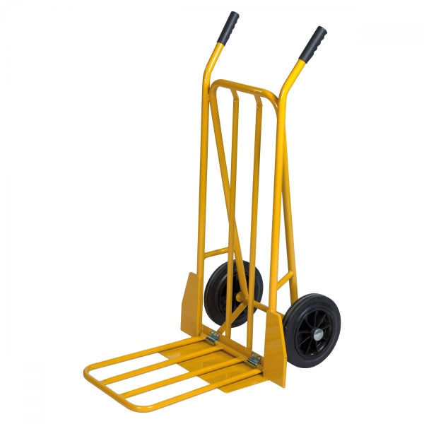 Gelbe Sackkarre mit zwei Rädern und Griffen
