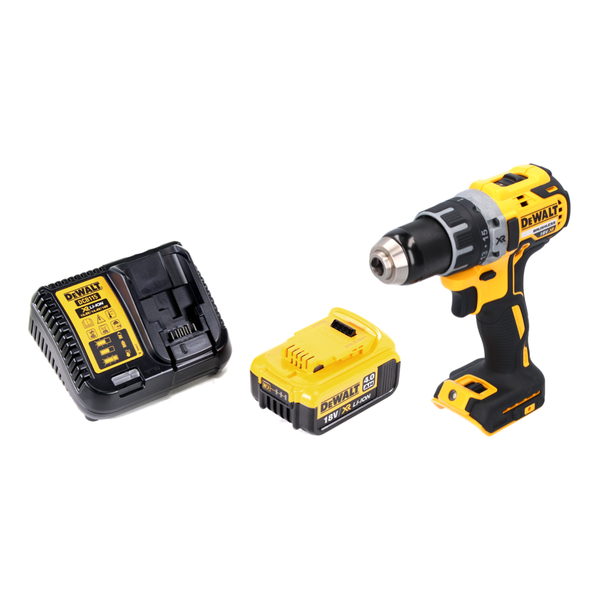 Gelb-schwarzer DeWalt Akku-Bohrschrauber 18 Volt inklusive Akku 4,0 Amperestunden und Ladegerät.