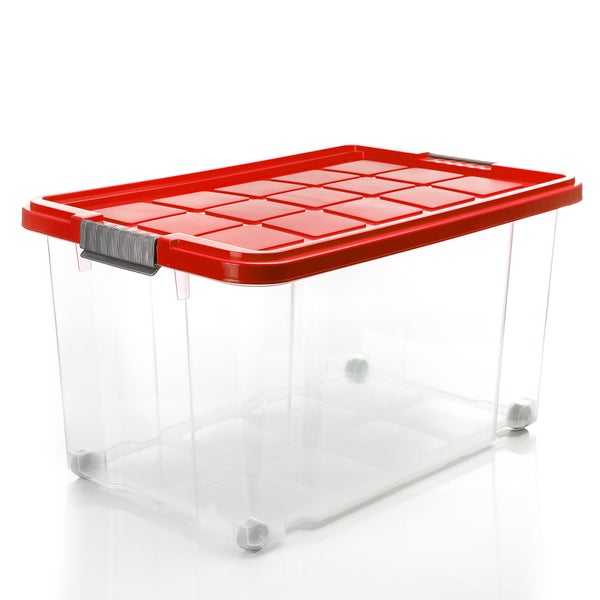 BigDean 3 Stück 60 L Aufbewahrungsbox mit Deckel groß rot - stapelbare robuste Box BPA-frei - rollbare Stapelbox mit festen Klickverschlüssen - Made in Germany