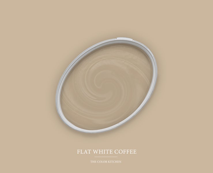 Wandfarbe The Color Kitchen Flat White Coffee im geöffneten Farbeimer mit Farbwirbel