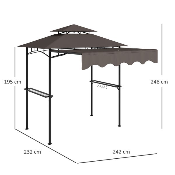 Grillpavillon mit Doppeldach und Seitenmarkise, Abmessungen 242 Zentimeter breit, 232 Zentimeter tief und 248 Zentimeter hoch.