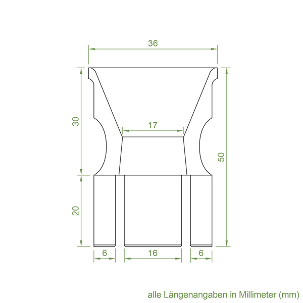 Technische Zeichnung mit Maßangaben in Millimeter für ein Bauteil mit einer Gesamthöhe von 50 Millimeter und einer Breite von 36 Millimeter.