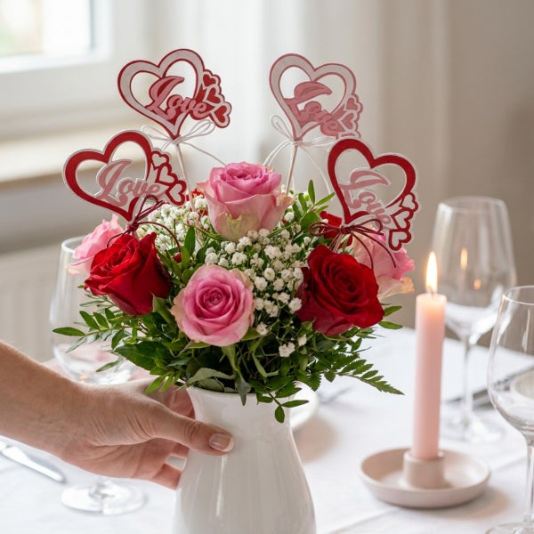 Blumenstrauß aus roten und rosafarbenen Rosen in einer weißen Vase mit herzförmigen Love Dekosteckern auf einem gedeckten Tisch.