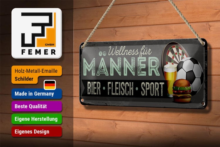 Blechschild Spruch 27x10cm Wellness für Männer Bier Fleisch