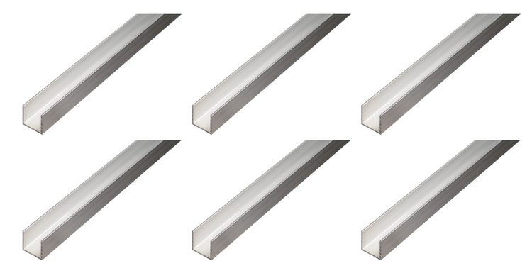 Sechs U-Profile aus Aluminium als Set für vielseitige Befestigungs- und Konstruktionsarbeiten