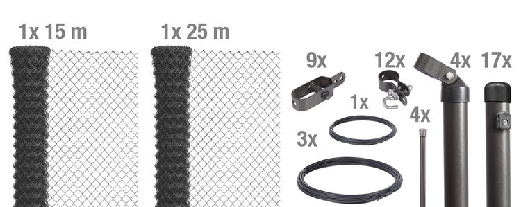Maschendrahtzaun Set bestehend aus zwei Zaunrollen mit 15 Meter und 25 Meter sowie Montagezubehör wie Pfosten, Spanndraht und Schellen