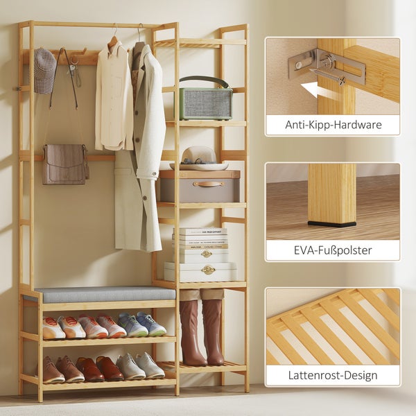 Bambus-Garderobenständer mit Sitzbank, Schuhablage und Seitenregalen. Inklusive Kippschutz, Schaumstoff-Fußpolstern und Lattenrost-Design.