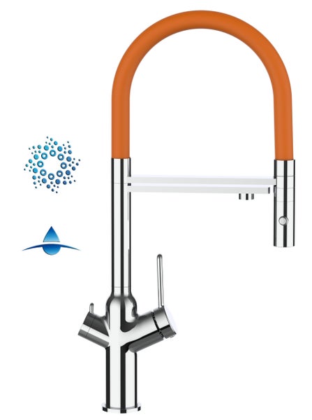 4 Wege Wasserhahn Küchenarmatur, BOD, mit 360° schwenkbarem Auslauf, abnehmbare 2 strahl Handbrause, Verchromt / Orange