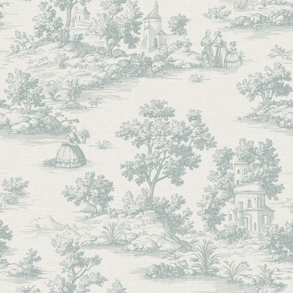 Tapete mit Toile-de-Jouy-Muster, das ländliche Szenen, Bäume und Gebäude darstellt