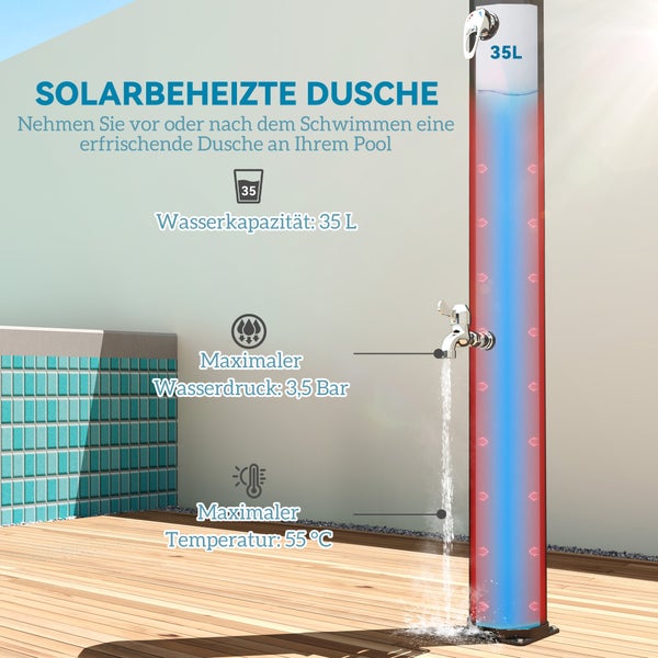 Outsunny Solardusche 35 Liter Solar Gartendusche mit Wasserhahn Duschkopf Handbrause seitliche Tablett, bis 55 °C, Aussendusche ohne Stromanschluss Pooldusche Campingdusche Regendusche warmes Wasser