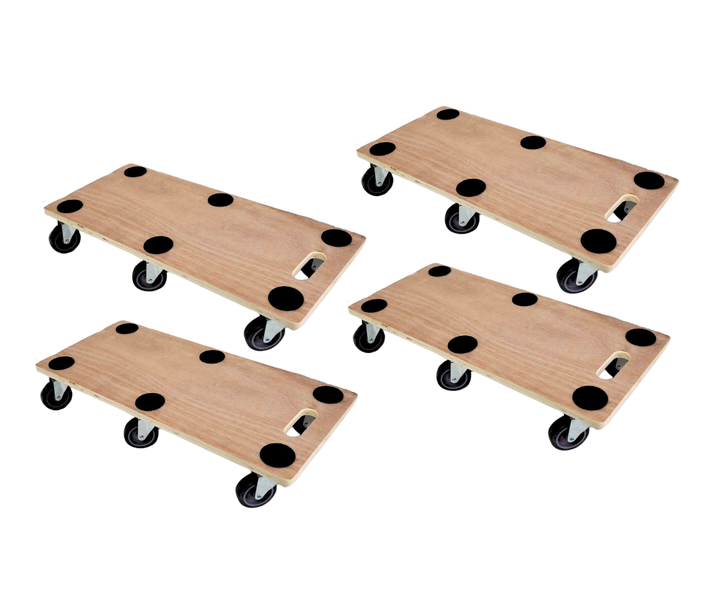 Set aus vier Transportrollern aus Holz mit sechs Anti-Rutsch-Punkten, Tragegriff und vier Lenkrollen.