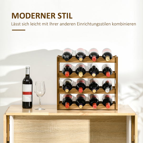 HOMCOM Weinregal Flaschenregal Weinhalter für 16 Flaschen Wasserfestes Standregal Getränkeregal aus Bambus Braun 43 x 23,5 x 38 cm