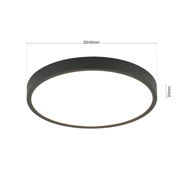 Abbildung einer runden Deckenleuchte mit einem Durchmesser von 240 Millimetern und einer Höhe von 24 Millimetern.