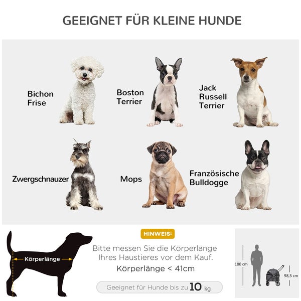 PawHut 2 in 1 Hundebuggy Haustierwagen mit Regenschutz, Klappbarer Katzenwagen mit 2 Sicherheitsleinen, für kleine Hunde und Katzen, Oxford, Dunkelgrau