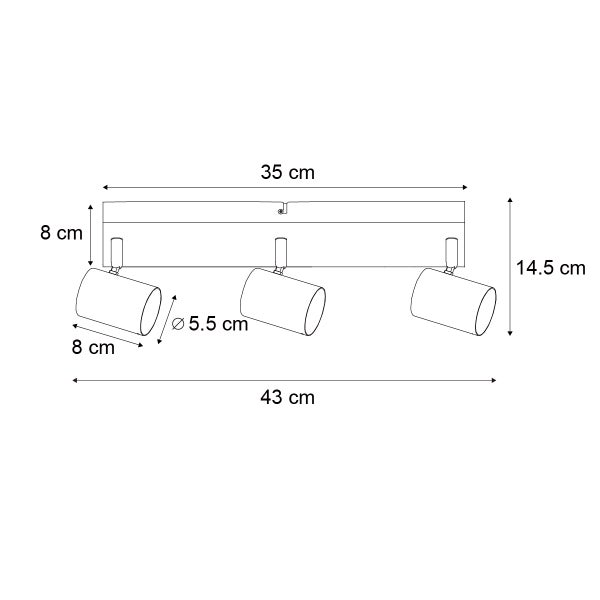 Technische Zeichnung einer Deckenleuchte mit drei Strahlern und Maßangaben