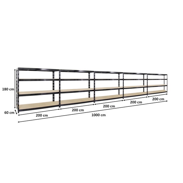 PROREGAL Mega Deal 5x Profi Schwerlastregal Rhino HxBxT 180 x 200 x 60 cm 4 Spanplatten-Ebenen 16mm Fachlast 500 kg Schwarz