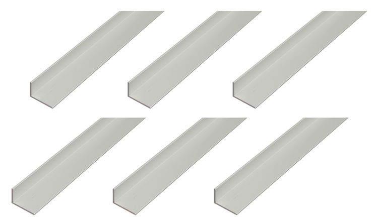 Sechs gleich lange Aluminium Winkelprofile für den Heimwerkerbedarf.